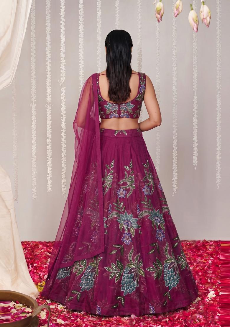 Magenta Embroidered Organza Lehenga Set - Indya
