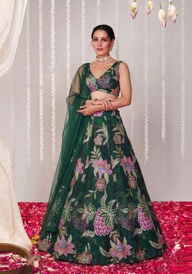 Bottle Green Embroidered Organza Lehenga Set