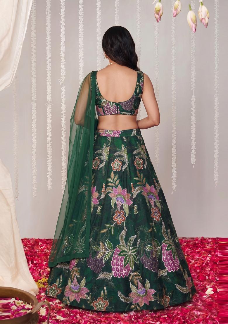 Bottle Green Embroidered Organza Lehenga Set - Indya