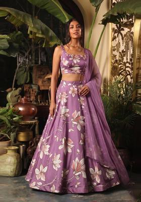 Lavender Printed Georgette Pre Draped Saree Set