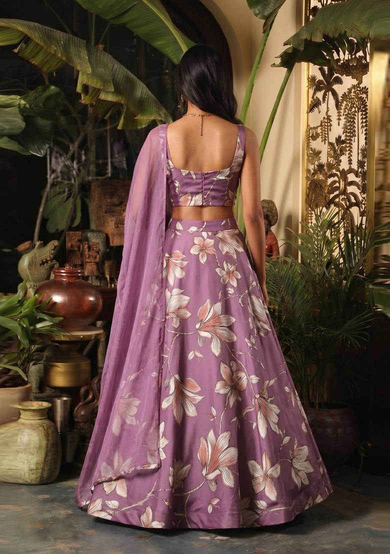 Lavender Printed Georgette Pre Draped Saree Set - Indya