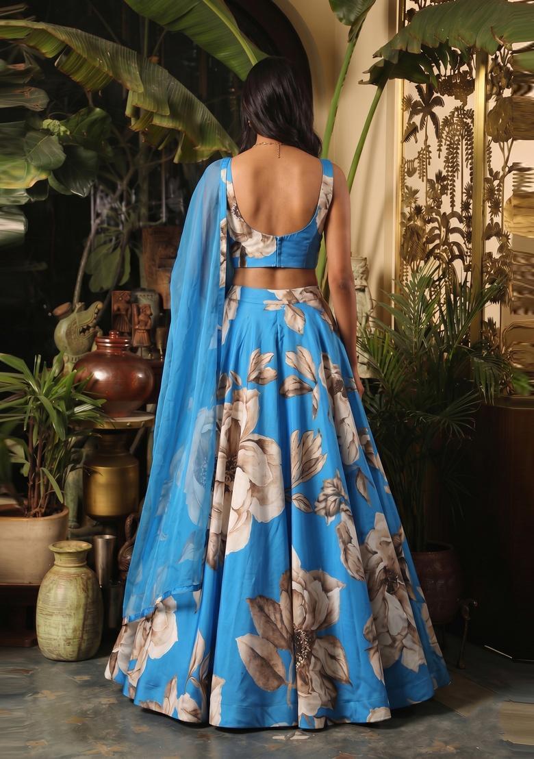 Blue Printed Georgette Lehenga Set - Indya