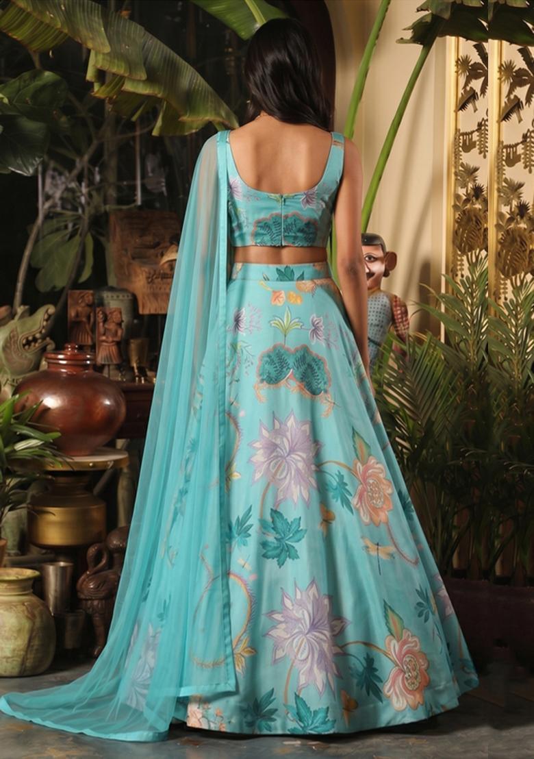 Bright Blue Printed Georgette Lehenga Set - Indya