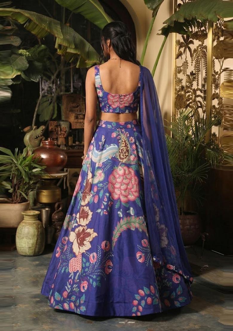 Navy Blue Printed Georgette Lehenga Set - Indya