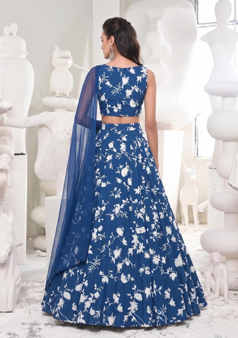 Royal Blue Printed Georgette Lehenga Set - Indya