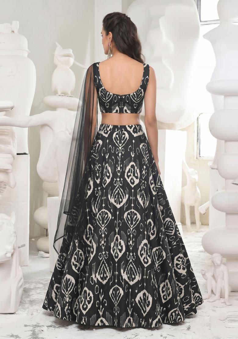 Black Printed Georgette Lehenga Set - Indya