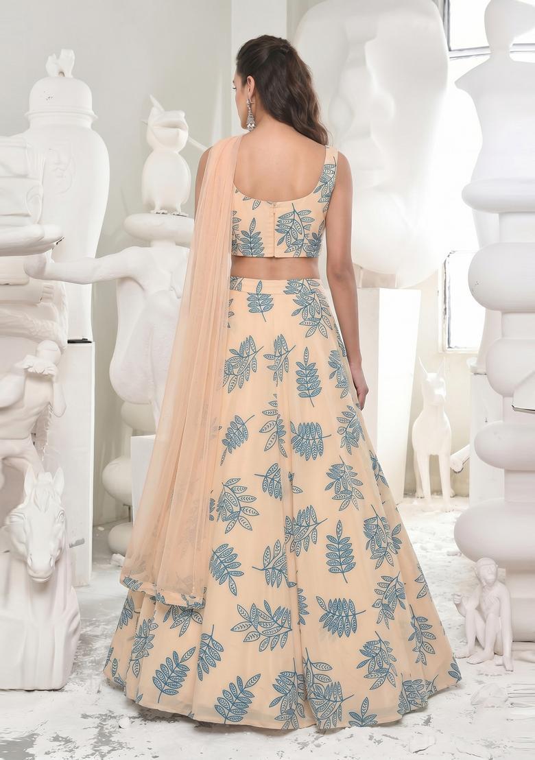 Peach Printed Georgette Lehenga Set - Indya