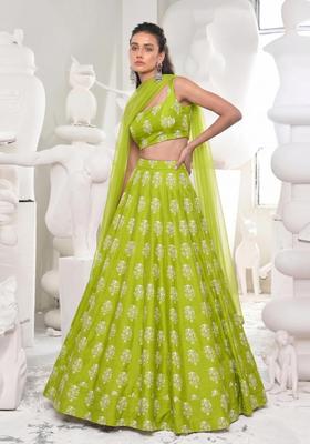 Lime Green Printed Georgette Lehenga Set