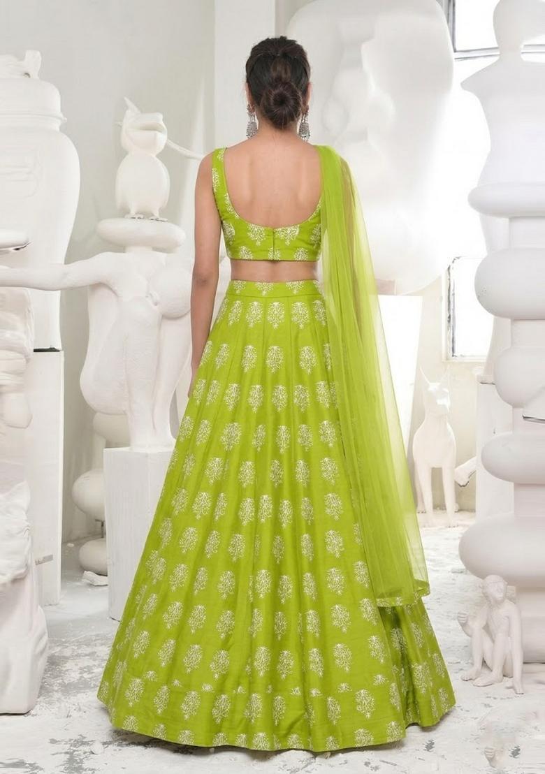 Lime Green Printed Georgette Lehenga Set - Indya
