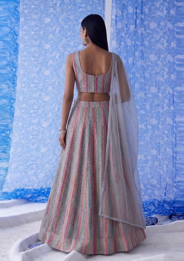 Dusty Blue Embroidered Lehenga Set - Indya