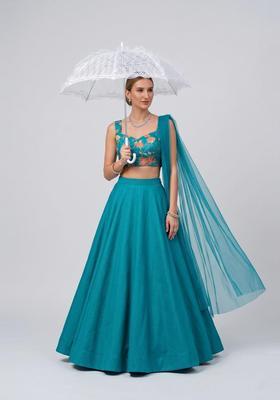Blue Embroidered Organza Lehenga Set
