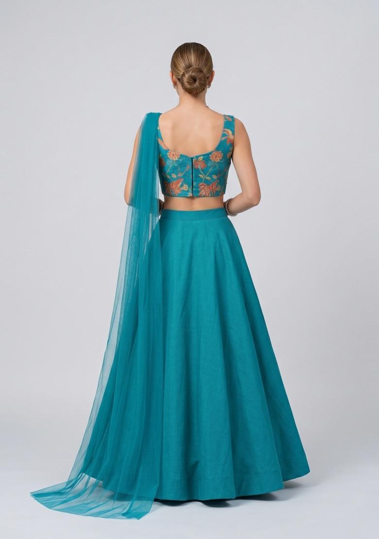 Blue Embroidered Organza Lehenga Set - Indya