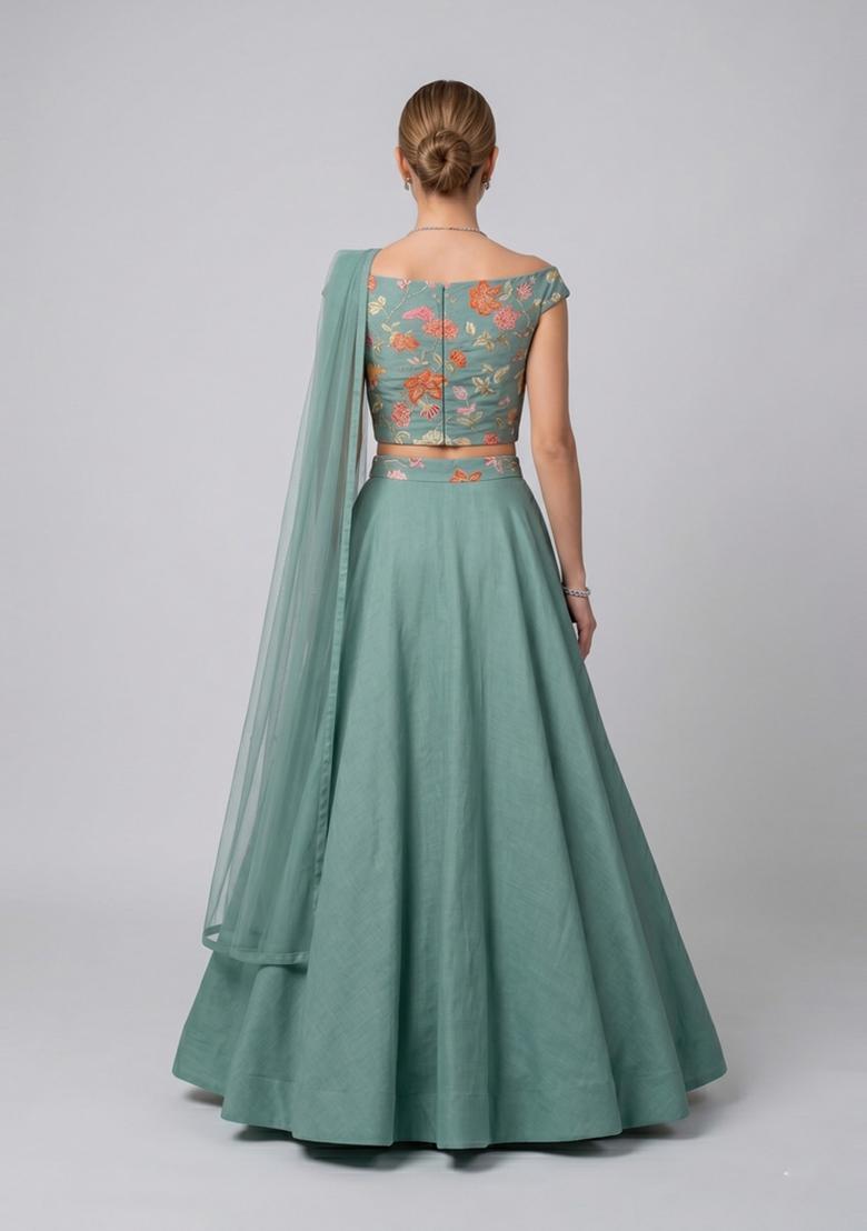 Pastel Green Embroidered Organza Lehenga Set - Indya