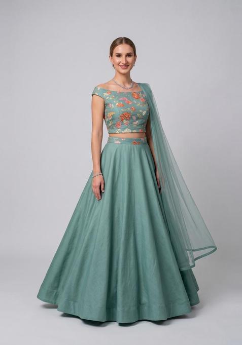 Pastel Green Embroidered Organza Lehenga Set