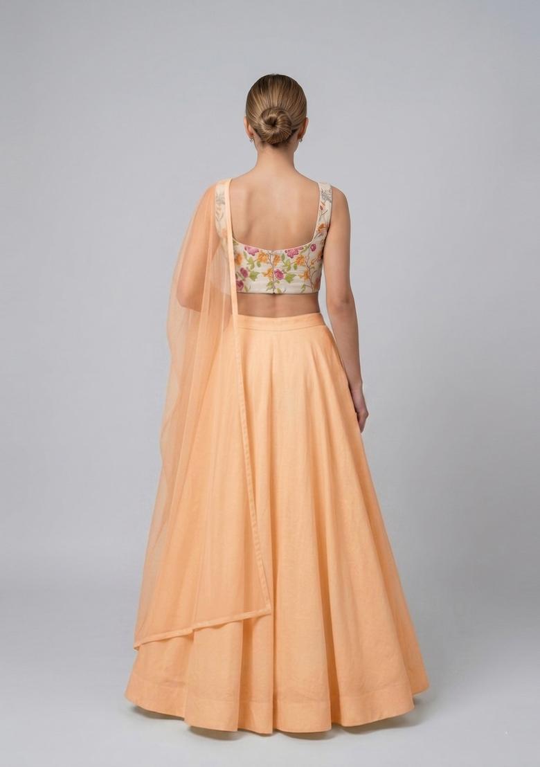 Off White Embroidered Organza Lehenga Set - Indya