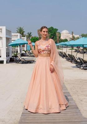 Peach Embroidered Organza Lehenga Set