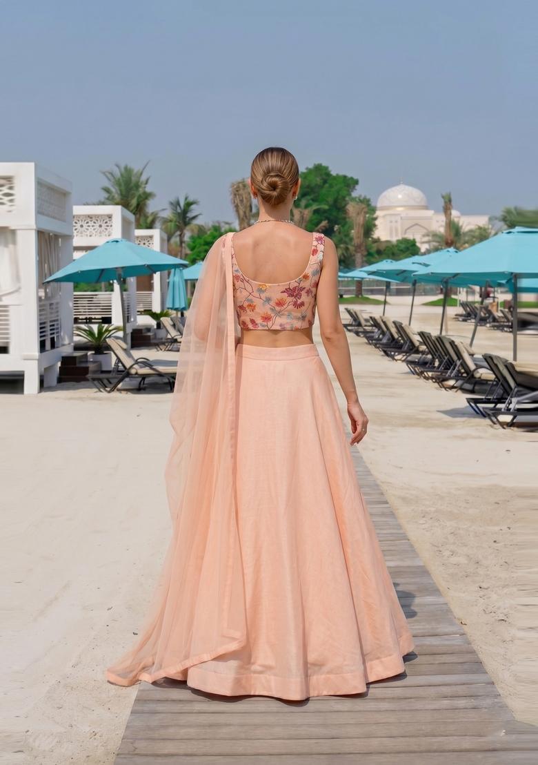 Peach Embroidered Organza Lehenga Set - Indya