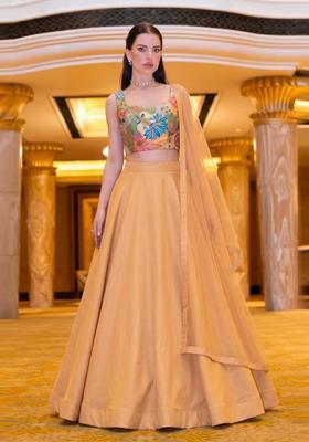 Mustard Embroidered Crepe Lehenga Set