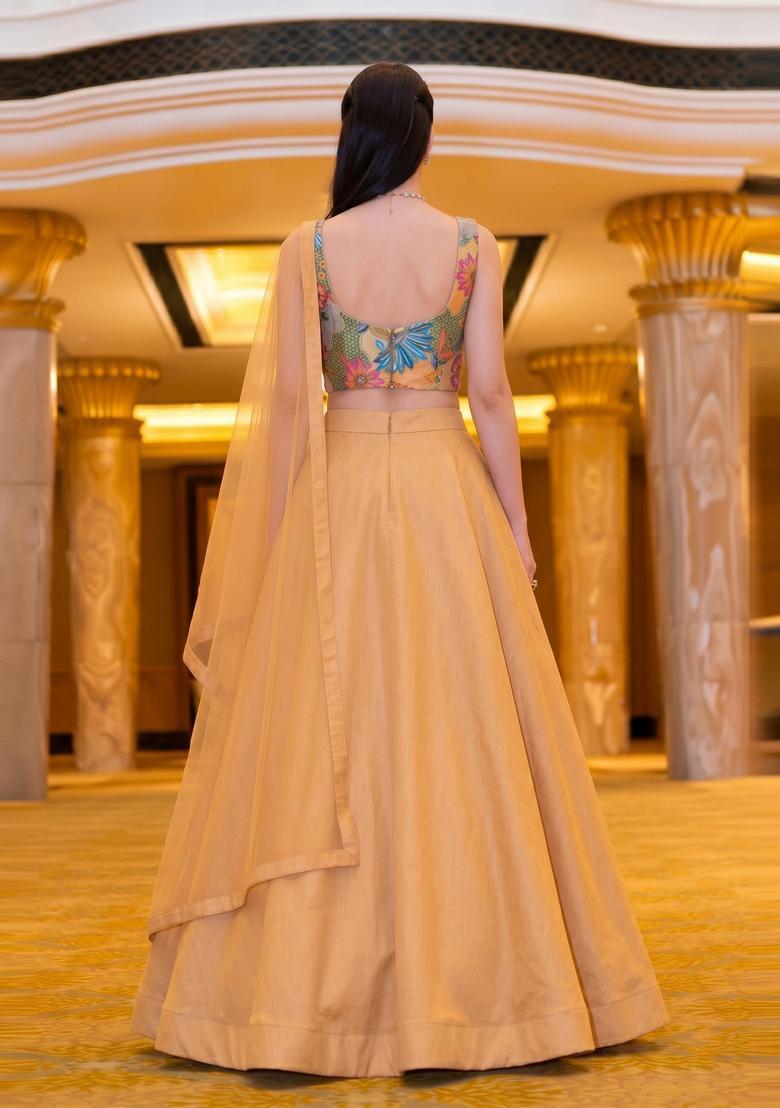 Mustard Embroidered Crepe Lehenga Set - Indya