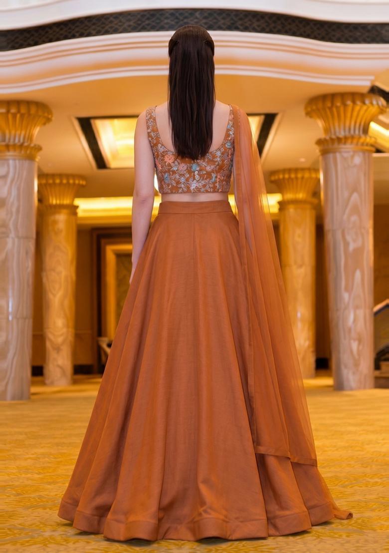 Rust Embroidered Crepe Lehenga Set - Indya
