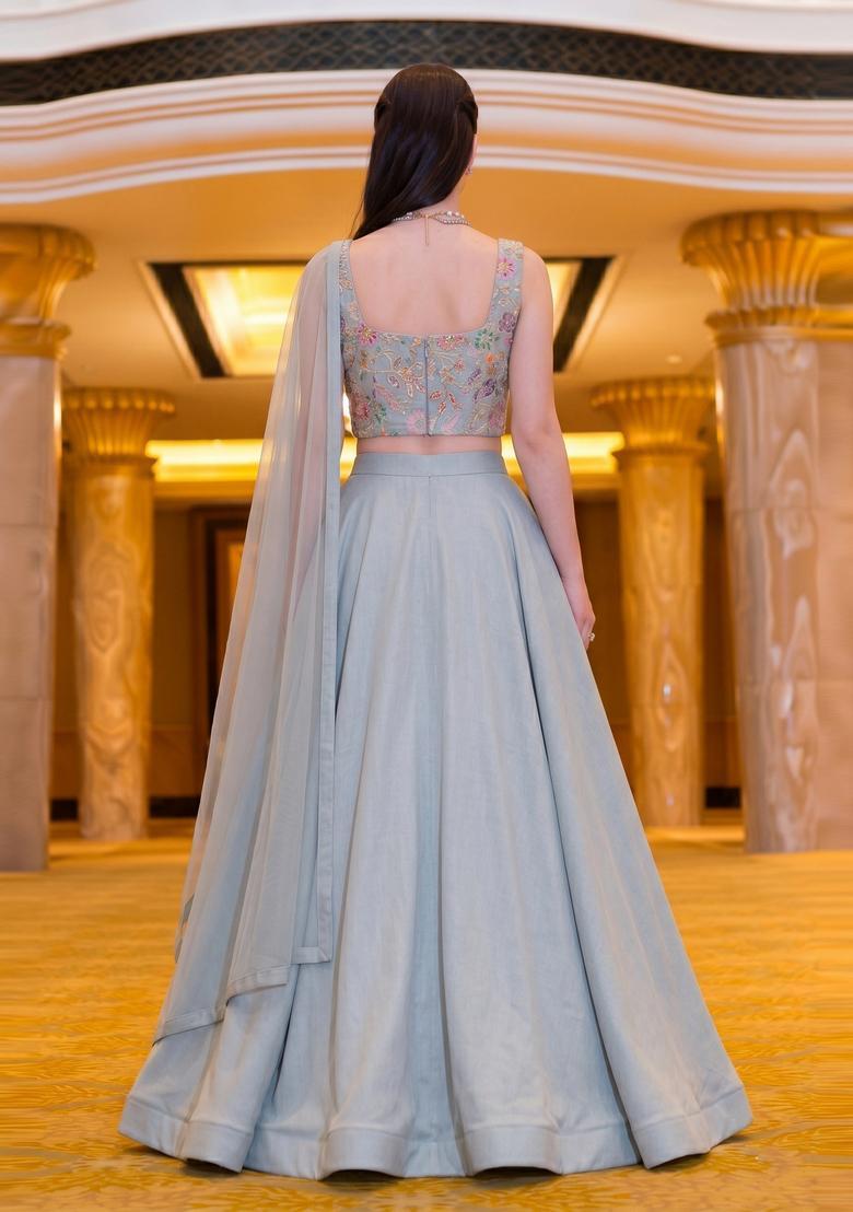 Grey Embroidered Crepe Lehenga Set - Indya