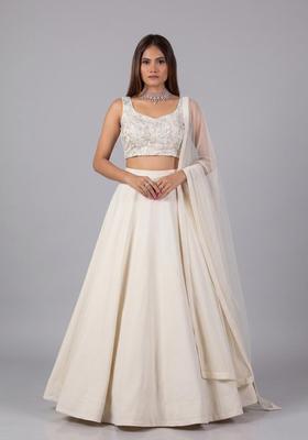 Off White Embroidered Net Lehenga Set