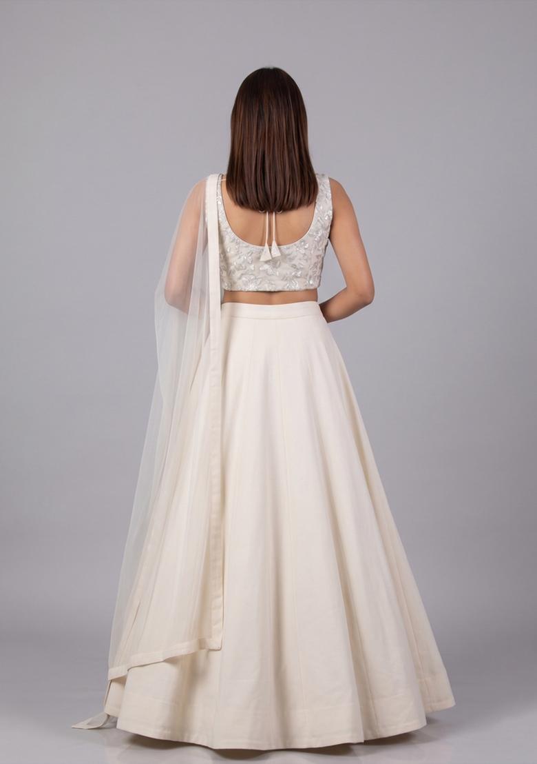 Off White Embroidered Net Lehenga Set - Indya
