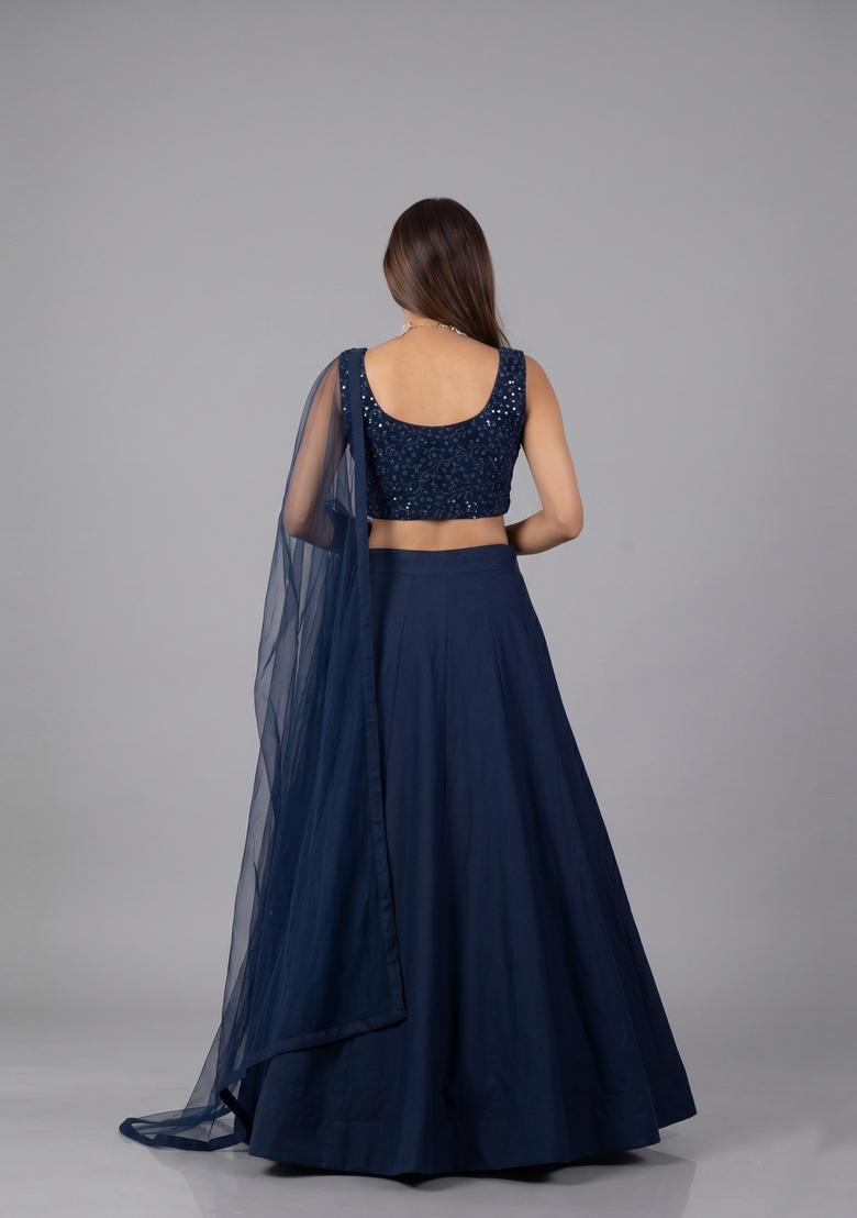 Navy Blue Embroidered Net Lehenga Set - Indya