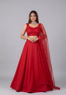 Red Embroidered Net Lehenga Set
