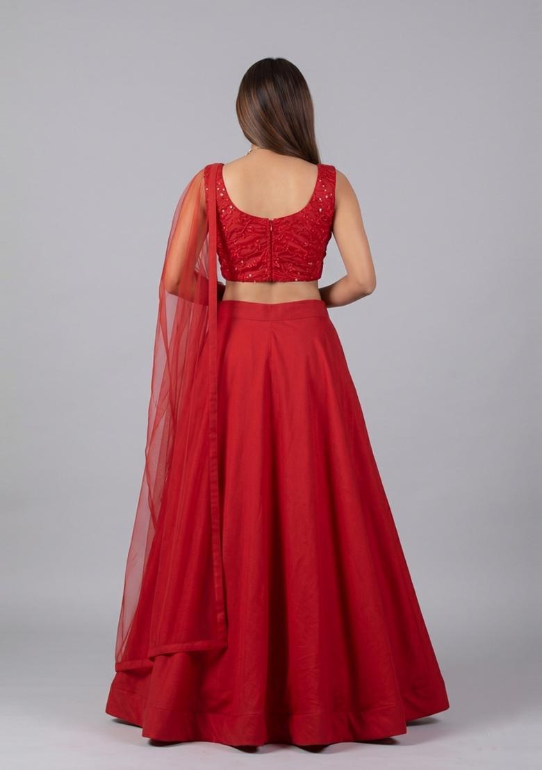 Red Embroidered Net Lehenga Set - Indya