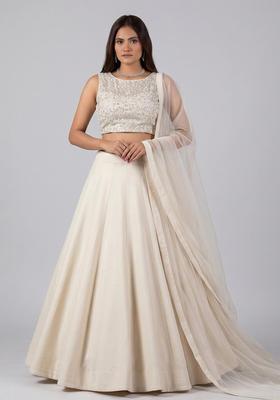 Off White Embroidered Net Lehenga Set