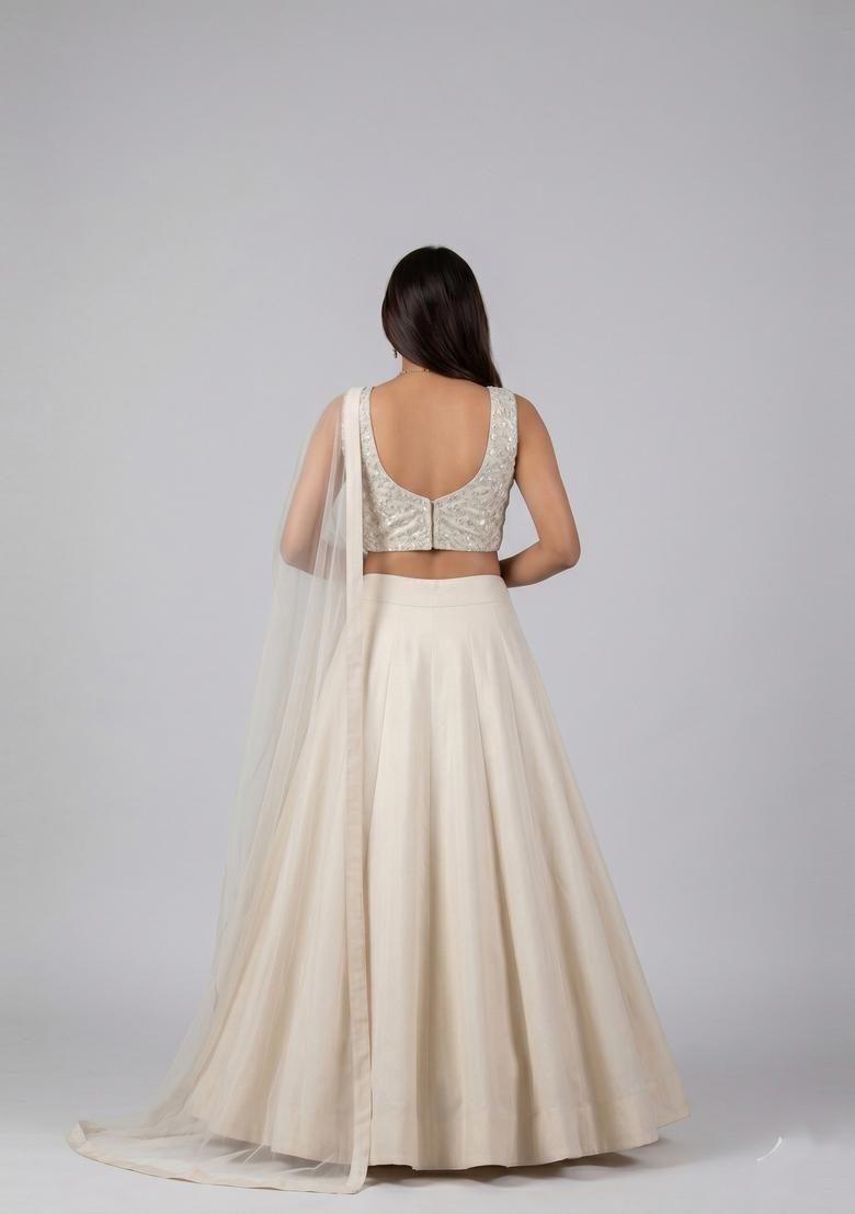 Off White Embroidered Net Lehenga Set - Indya