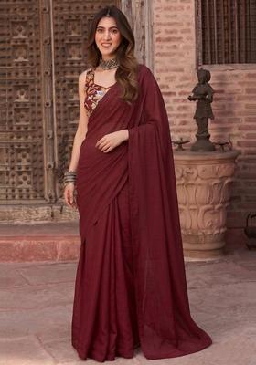 Maroon Embroidered Organza Pre Draped Saree Set