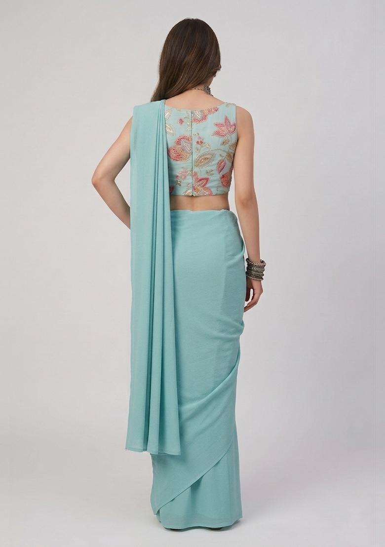 Aqua Blue Embroidered Organza Pre Draped Saree Set - Indya
