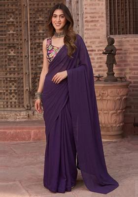 Deep Purple Embroidered Organza Pre Draped Saree Set