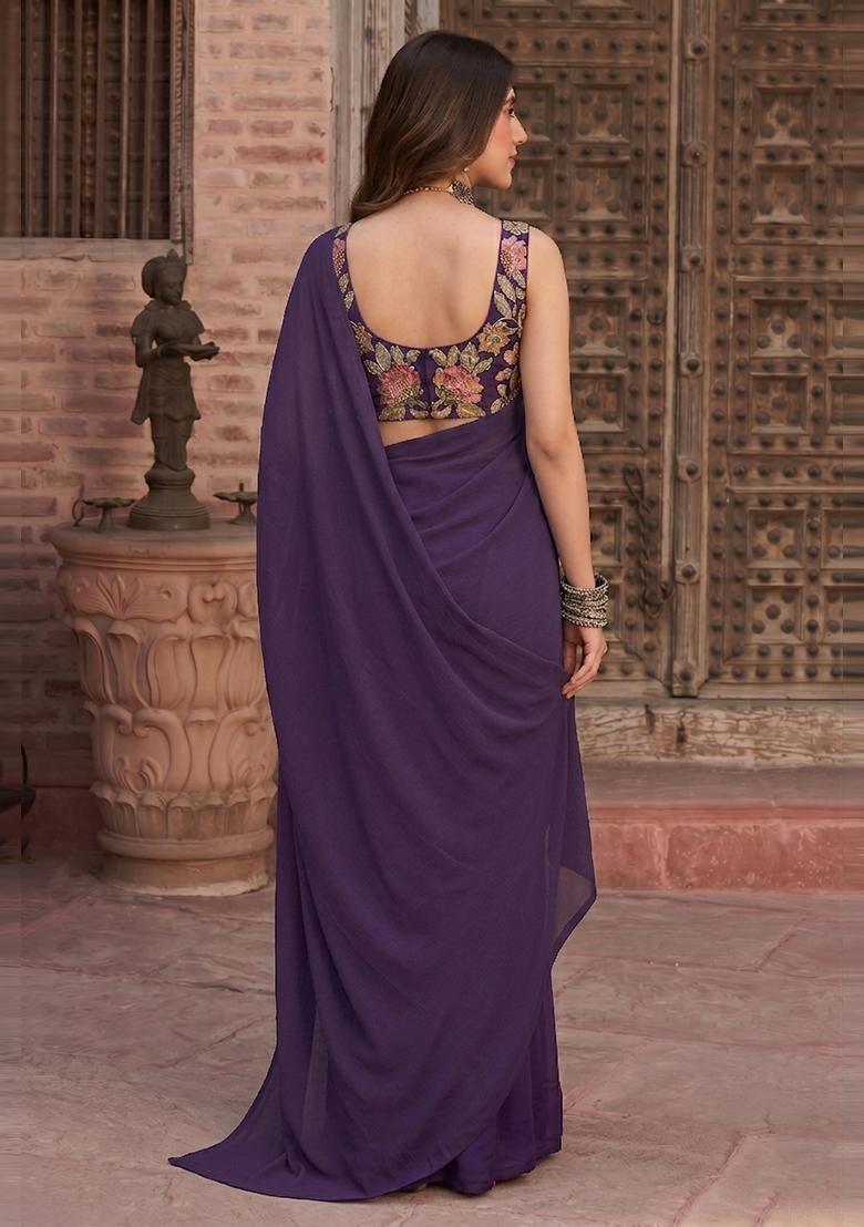 Deep Purple Embroidered Organza Pre Draped Saree Set - Indya