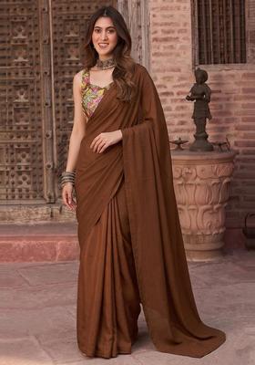 Brown Embroidered Organza Pre Draped Saree Set