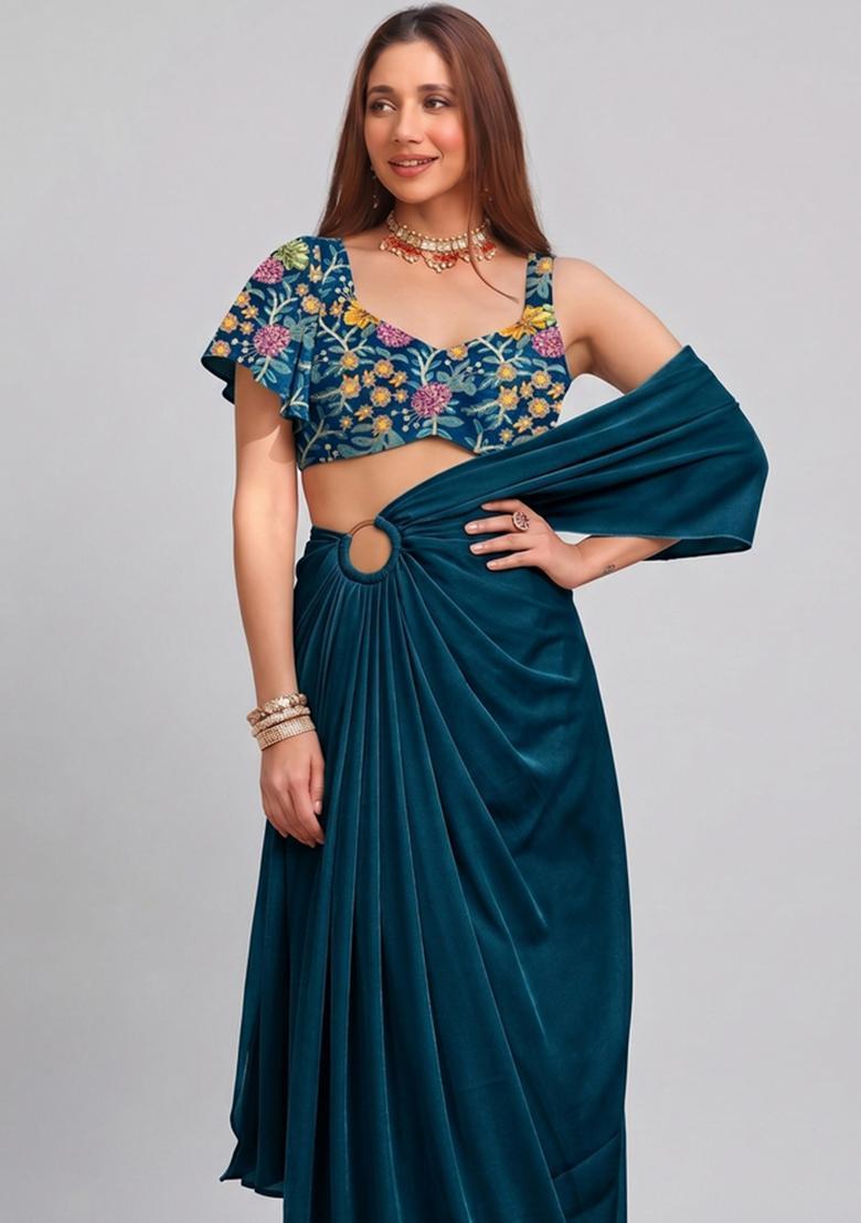 Teal Printed Crepe Fusion Set - Indya