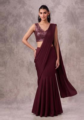 Wine Sequin Georgette Pre Draped Saree Set