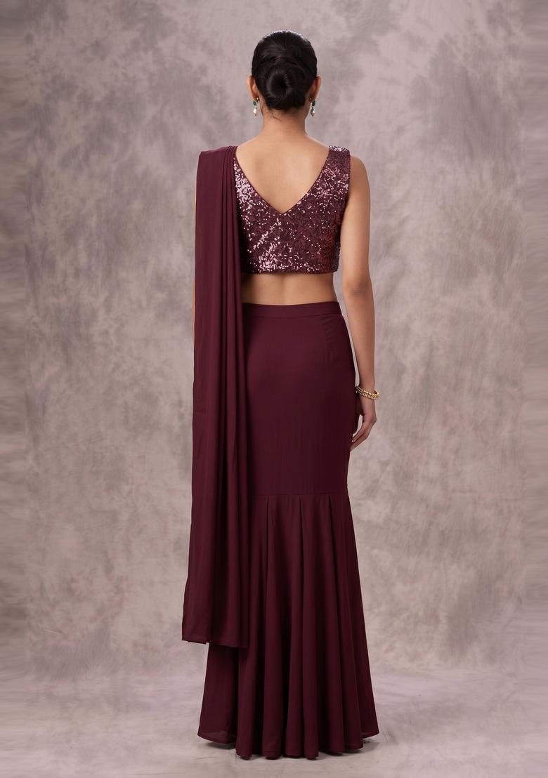 Wine Sequin Georgette Pre Draped Saree Set - Indya