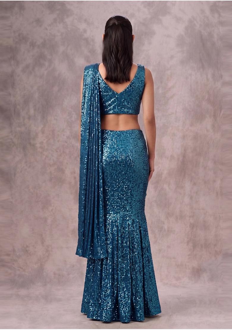 Teal Blue Sequin Georgette Pre Draped Saree Set - Indya