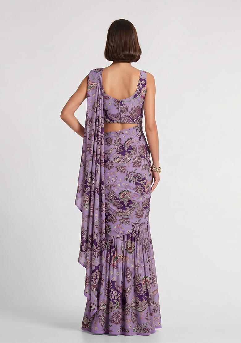 Lavender Printed Crepe Pre Draped Saree Set - Indya