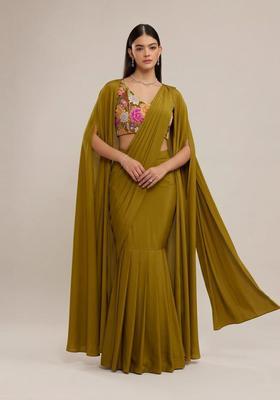 Olive Green Printed Crepe Pre Draped Saree Set