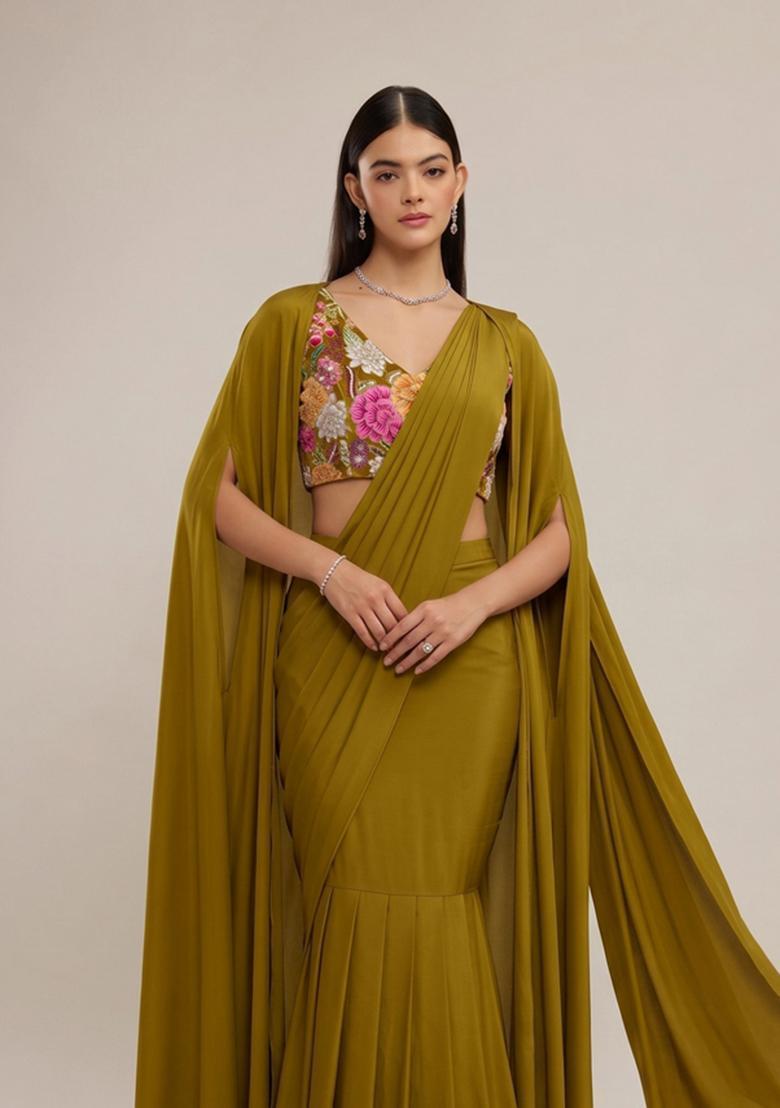 Olive Green Printed Crepe Pre Draped Saree Set - Indya