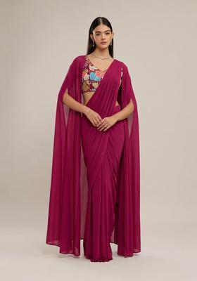 Magenta Printed Crepe Pre Draped Saree Set