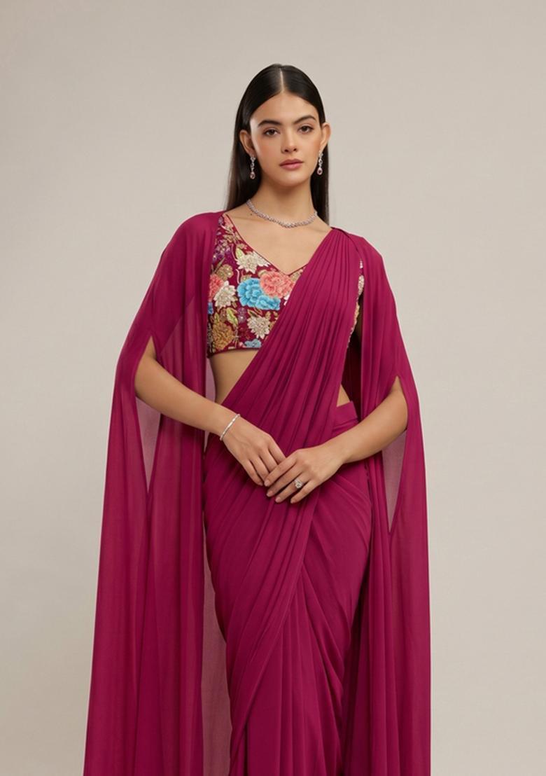 Magenta Printed Crepe Pre Draped Saree Set - Indya