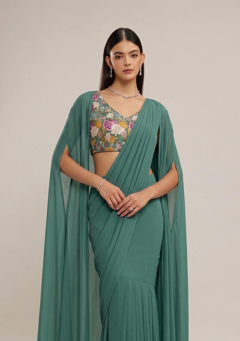 Sea Green Printed Crepe Pre Draped Saree Set - Indya
