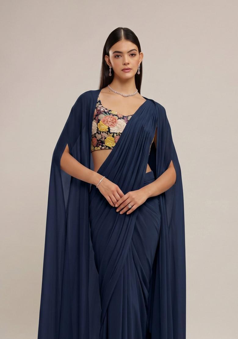 Navy Blue Printed Crepe Pre Draped Saree Set - Indya