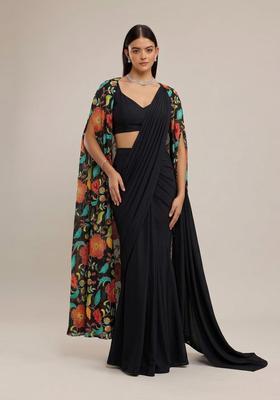 Jet Black Printed Organza Pre Draped Saree Set