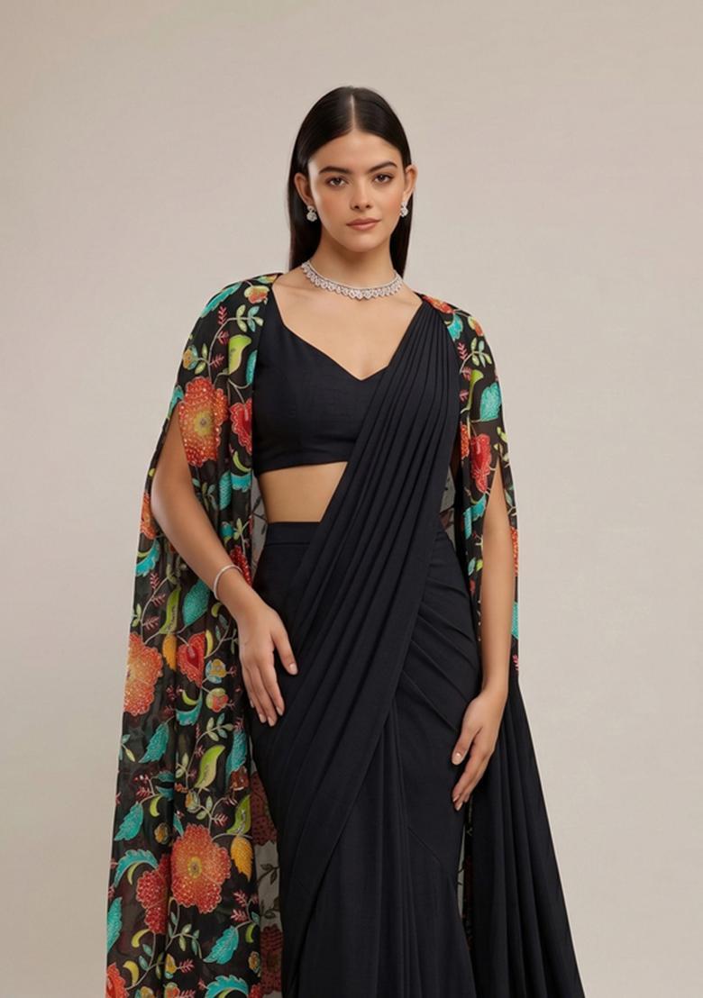 Jet Black Printed Organza Pre Draped Saree Set - Indya